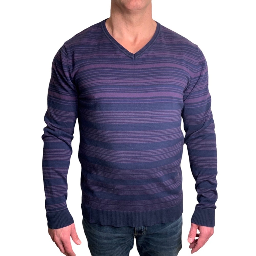 ALFANI Men’s Striped Cotton V-Neck Regular Fit Sweater in Purple, Navy, Black XL